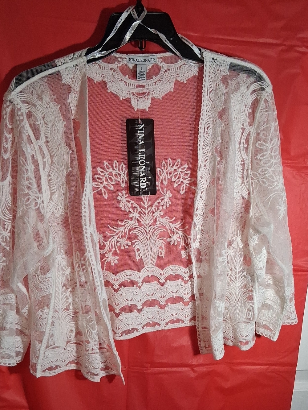 Nina Leonard Cream Lace Open-Front Crochet Cardigan